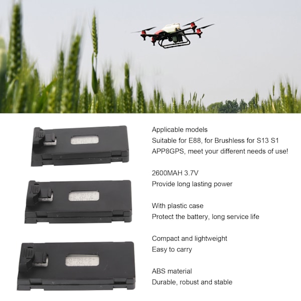 3PCS Drone-batteri 2600MAH 3.7V Oppladbar Quadcopter Drone Litiumbatteri for E88 for Brushless for S13 S1 APP8GPS