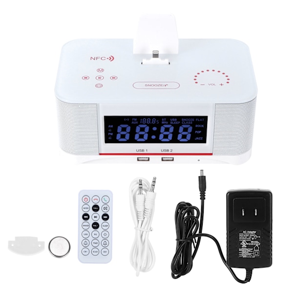 Bluetooth-ljudsystem i vitt, dubbla USB-laddningsportar, FM-radio med 30 förinställningar, 5 mm stereoingång och integrerad CD-spelare för