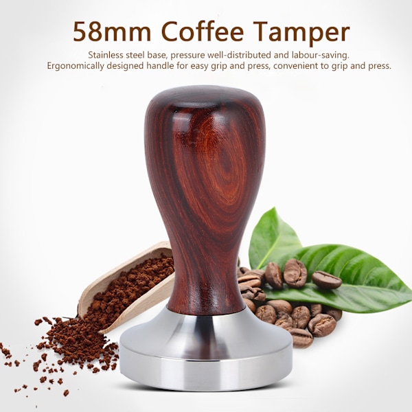 Espressostamp i rostfritt stål med platt bas, kalibrerad för jämn pressning, ergonomiskt grepp i massivt trä för komfort, professionellt handgjort verktyg