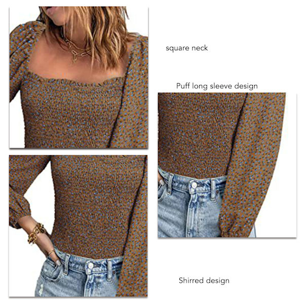 Dam Blommig Tryckt Topp Casual Rynkad Puff Långärmad Blus Dam Rynkad Byst Rynkad Midja Topp Khaki XXL