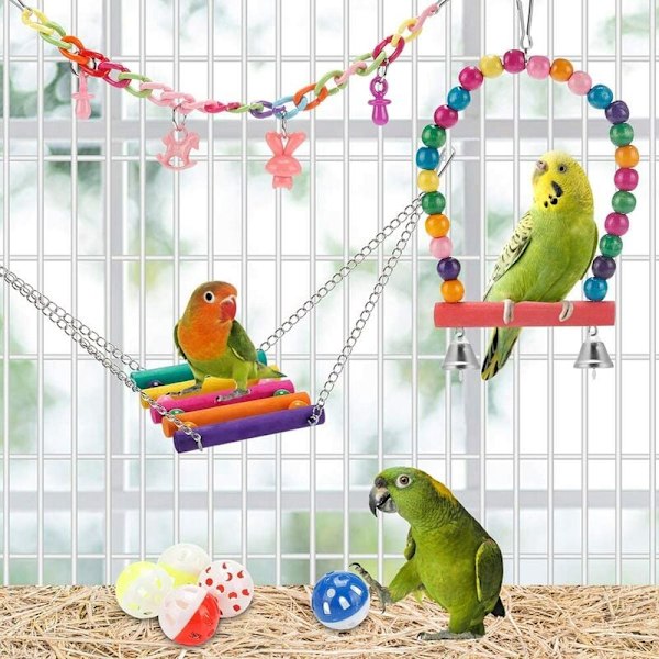 Fågelsäker Berikningsleksak för Undulat, Conure, Dvärgpapegoja, Kokoshus, Bittålig Träpinne, Tuggleksaker, Livfulla Färger, 11 Delars Set För