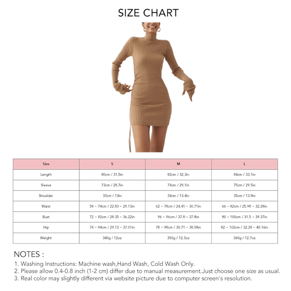 Dam Tröjklänning Långärmad Bodycon Ståkrage Sidodragsko Slim Fit Ribbstickad Klänning Ljusbrun M