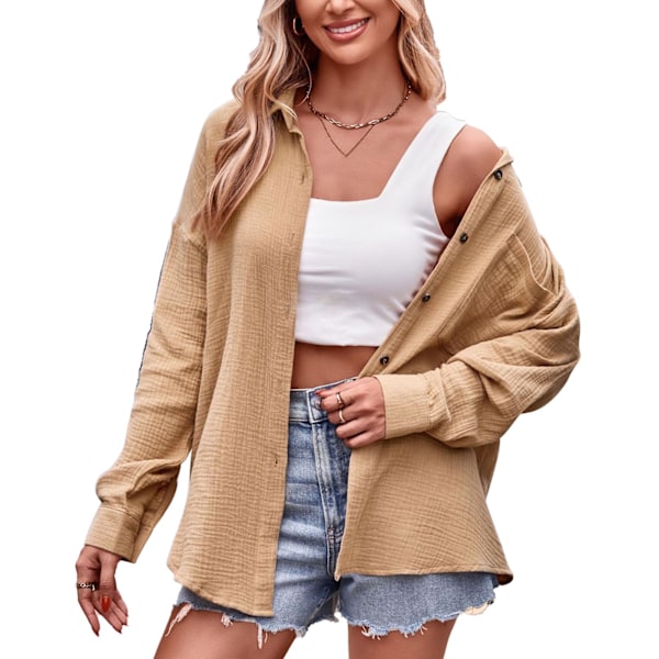 Dam Casual Långärmad Enfärgad Skjorta V-ringad Knäppning Ned Lapel Krage Blus Toppar för Fest Shopping Resor Aprikos M