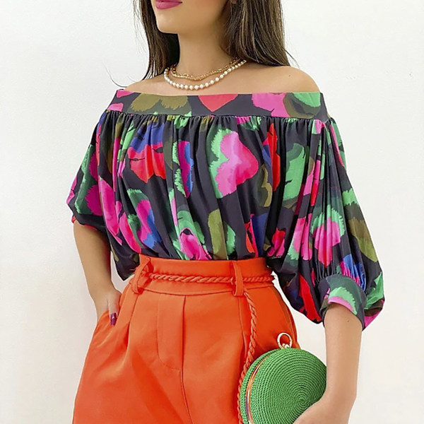 Fladdermusärm Topp Dam Off Shoulder Lös Rynkad Kort Flerfärgad Tryck för Sommar Svart M