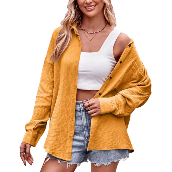 Dam Casual Långärmad Enfärgad Skjorta V-ringad Knäppning Ned Lapel Krage Blus Toppar för Fest Shopping Resor Gul XXL