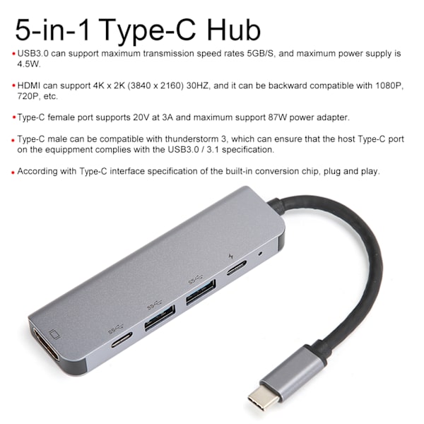 5-i-1 Type-C Hub HDMI 4K HD PD Hög hastighet Överföring Multifunktion Konverter Adapter