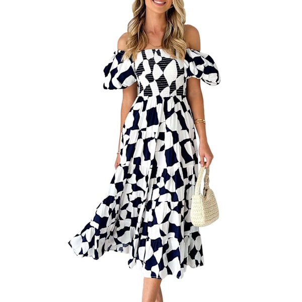 Off Shoulder Lång Klänning Puffärm Volangfåll Off Shoulder Rynkad Tryckt Klänning för Kvinnor Svart Vit Grafisk M