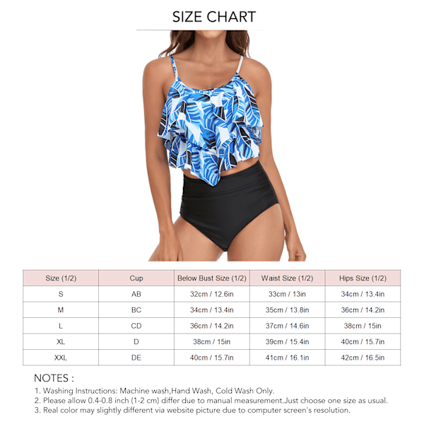Dam Delad Baddräkt Set Dubbla Lager Volanger Tryckt Bikini Polyester Sommar Baddräkt Överdel Blå Underdel Svart XL