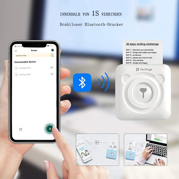Multifunktionsskrivare, bläckfri termisk utskrift för iOS & Android, portabel mobil skrivare, anpassningsbara etiketter, tydlig utskrift, Bluetooth 4.0