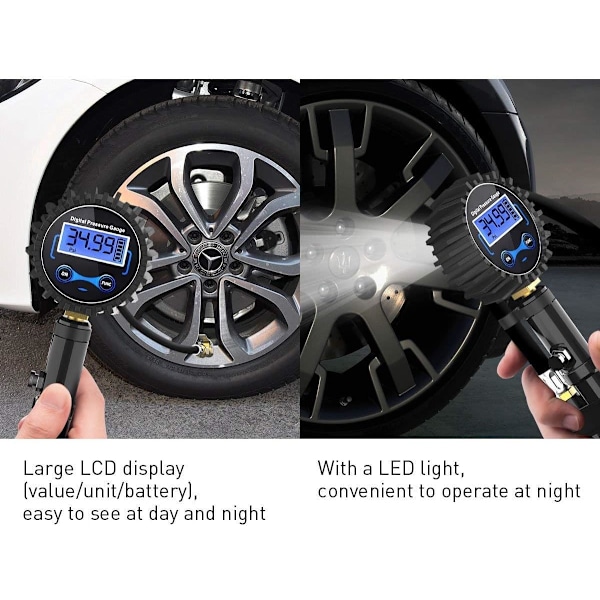 Digitalt däcktrycksmätare, hög precision digitalt däcktrycksmätare med påfyllningspistol för bil motorcykel cyklar, LCD-display 250 PSI, 1/4\" NPT