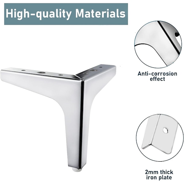 Möbelben i Mid-Century-stil, Triangeldesign för Soffor Sängar Skåp, Kromade Metallben med Elektropläteringsfärg, Stark Bärförmåga Set