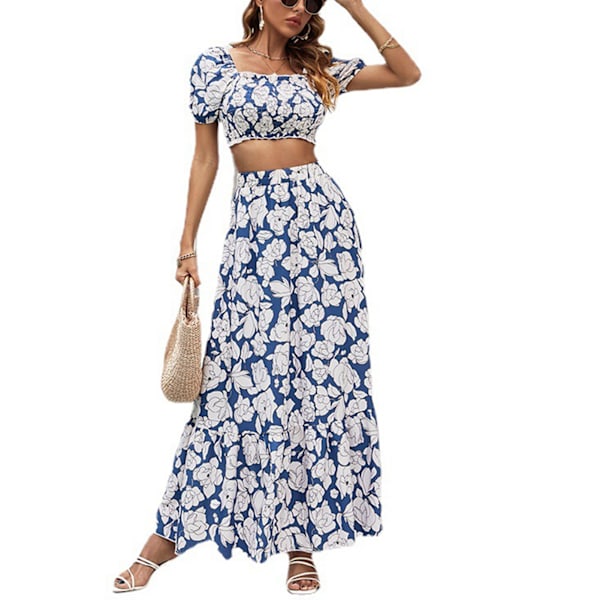 Dam Topp Lång Kjol Blommig Tryck Shirrad Byst Kort Puffärm A-linje Sommar 2-dels Outfit Blå och Vit S