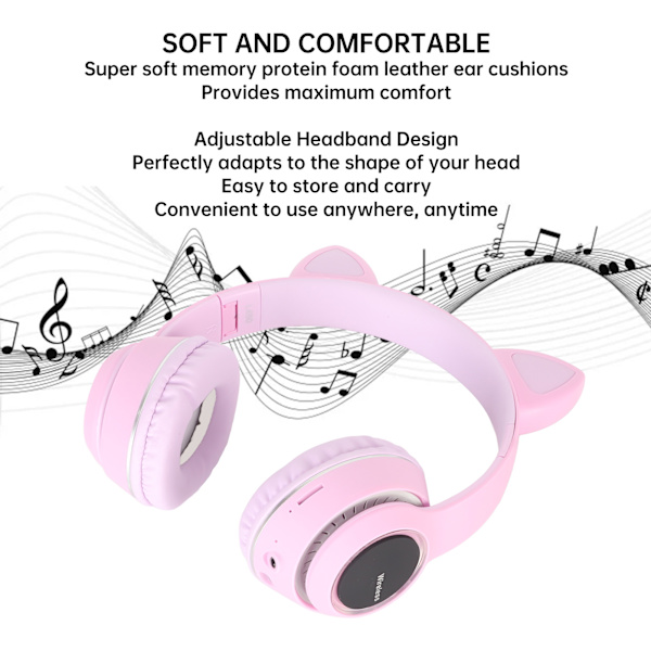 Bluetooth-kissan korvat kuulokkeet HiFi-stereo, sisäänrakennettu mikrofoni, muistikortin tuki, linjatulo, langattomat kuulokkeet LED-valolla, violetti
