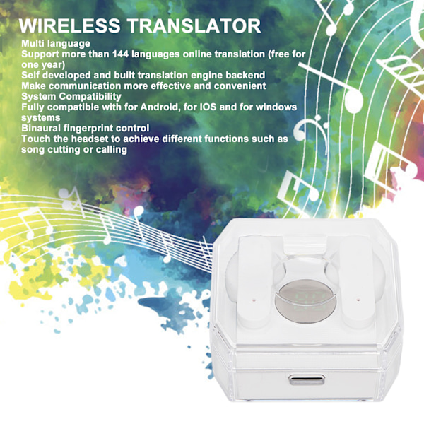 Sprog Oversætter Earbuds Bluetooth 5.3 144 Sprog Online Oversættelse Oversætter Earphones til Musik og Opkald Hvid