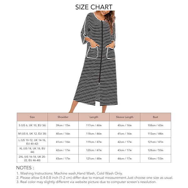 Women Striped Nightshirt Elegant 3/4 Sleeve Zipper Crewneck Nightgown Sleepwear with Pocket for Bedroom Black M