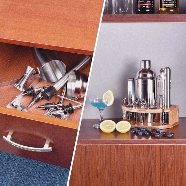 Cocktail Shaker Set för blandade drinkar, professionell bartenderkit i rostfritt stål med platsbesparande bambuställ, långvarig