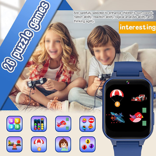 Smartklokke for barn med to kameraer, flere funksjoner, HD-smartklokketelefon for gutter og jenter fra 4 til 12 år, blå