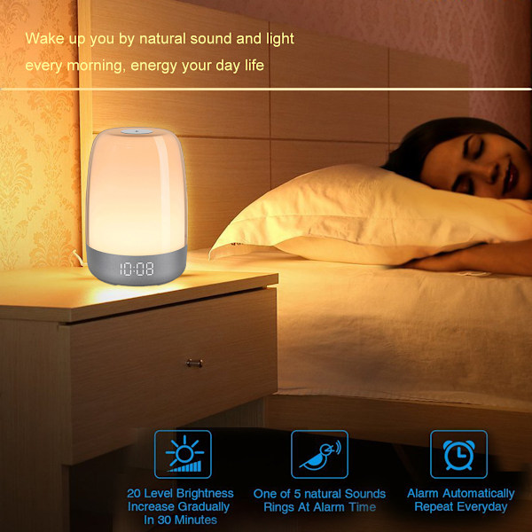 RGB Ambient Bordslampa Nattdukslampa, Soluppgångssimulering Väckarklocka, Sömnhjälpsfunktion med Naturliga Ljud, Babysäkerhet, Perfekt för Barnrum och