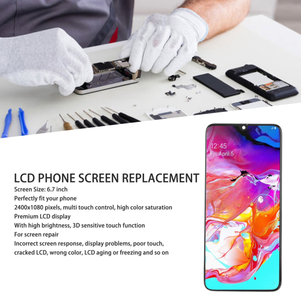 LCD-skærm med touchskærm og ramme til Samsung Galaxy A70 A705 6,7 tommer touchskærmssamling udskiftning med reparationsværktøj