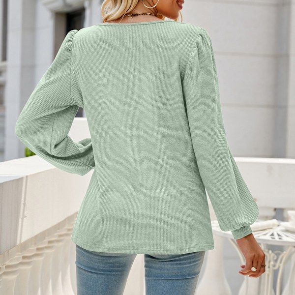 Dam Puffärm T-shirt Lös Enfärgad Tröja Kvinnlig Långärmad Casual Topp Grön XXL