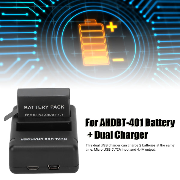 Til AHDBT401 Batteri Dobbelt Oplader Bærbar Sikker 1600mAh Batteri og 2 Slots USB Oplader