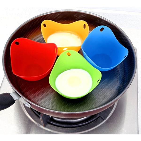 Platsbesparande Äggkokare, Non-stick Äggkokare i Silikon med Ringstativ, BPA-fria, 4-pack, Perfekt för Små Kök