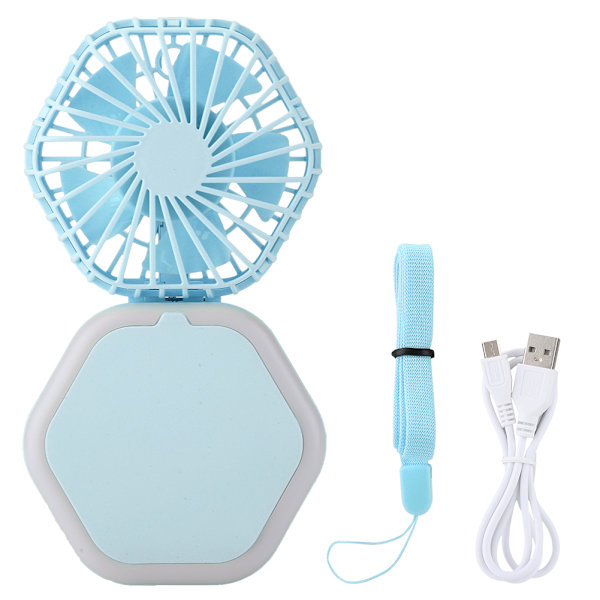 Bærbar sammenklappelig USB-opladningsventilator med spejl LED-lys 3 i 1 multifunktionel (blå)