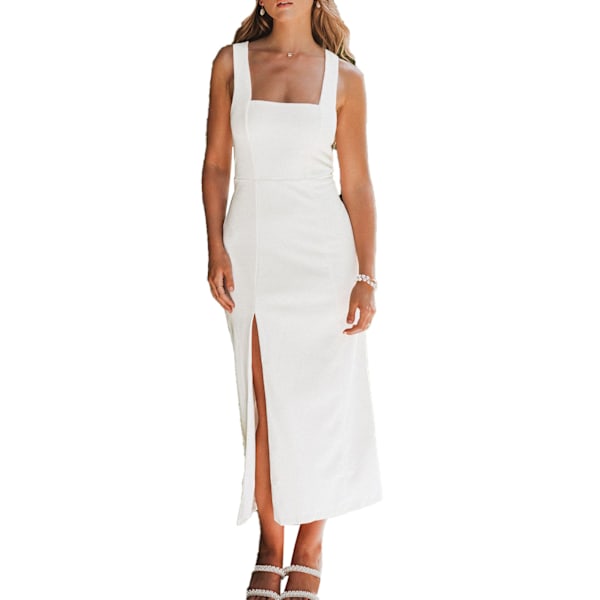Tank Klänning Hög Midja Slim Rygglös Tjocka Axelband Spridd Krage Elegant Dam Klänning med Slits för Vår Sommar Beige XL