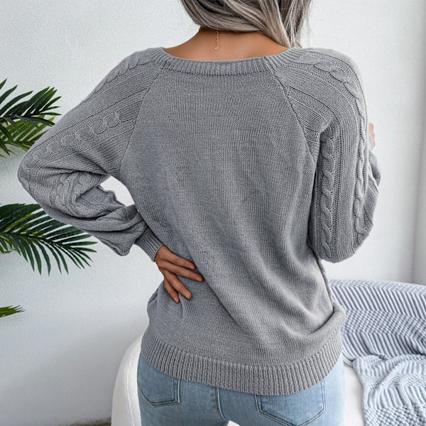 Dam Kabelstickad Tröja Långärmad Rund Hals Lös Enfärgad Damstickad Tröja för Hemma Resor Utomhus Grå M