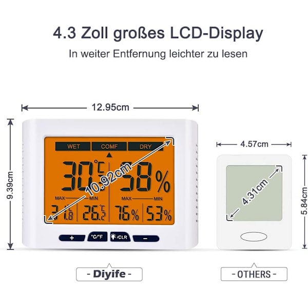 Känslig Bakgrundsbelysning Inomhus Temperaturmätare, Digital Hygrometer Med Hög Precision, Komfortindikator, Flera Placeringsalternativ Inklusive Vägg