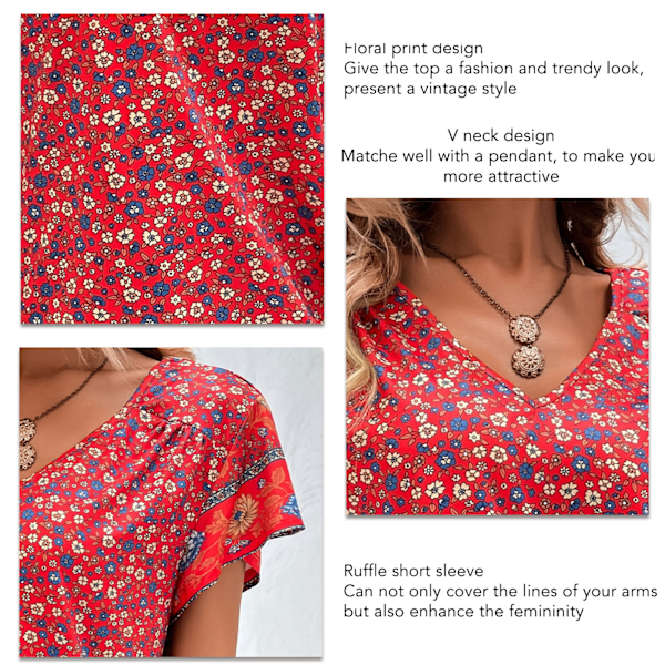 Kvinde Sommer Top Casual Løs Kort Ruffle Ærme Blomster Print V-hals T-shirt til Kvinde Rød L