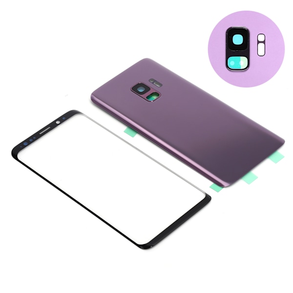 Telefon Bakre Bakglass Deksel Front Skjerm Glass Linse Erstatningssett for Samsung S9 G960 Lilla