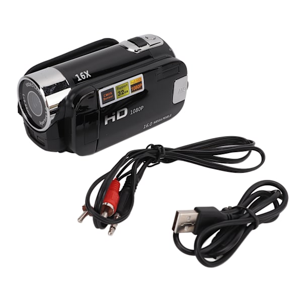 Videokamera Full HD 1080P 16MP Kameraopptaker 270° Rotasjon 2,7 Tommers Fargeskjerm 16X Zoom Digitalt Videokamera Svart