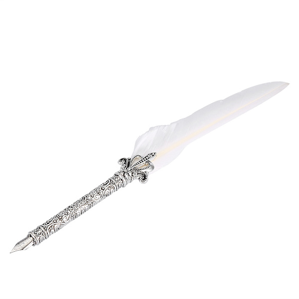 Europæisk Retro Quill Legering Fjer Skrivning med Pen Nibs & Gaveæske Sæt Med Blækflaske Hvid