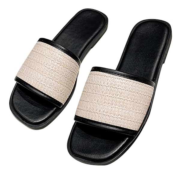 1 Par Vävda Tofflor Dam Retro Platt Botten Enkel Rem Sandaler Fransk Nisch Sommarskor Svart Storlek 38