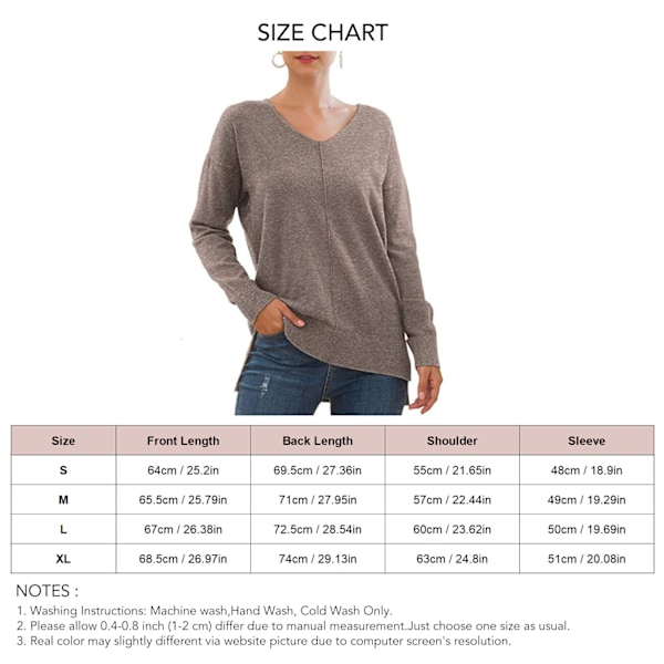 Stickad Tröja Långärmad V-ringad Enfärgad Sidosprund Pullover Casual Toppar för Kvinnor Brun S