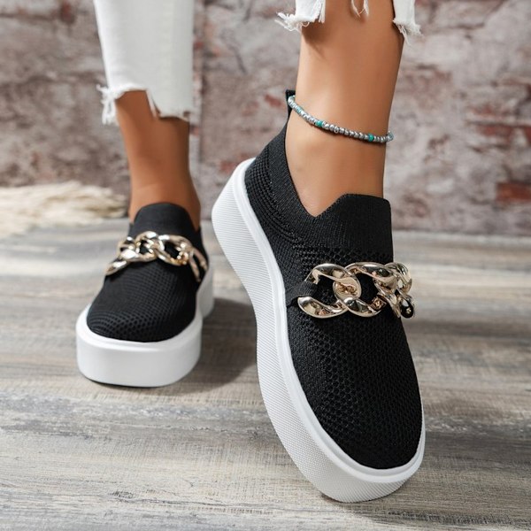 Andningsbara låga slip-on loafers med tjock sula och kedjedekoration för dam