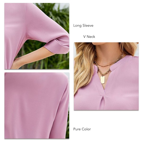 Dam Långärmad Topp Enfärgad V-ringning Lös Passform Pullover Blus för Vardagsbruk Arbete Gata Rosa XL
