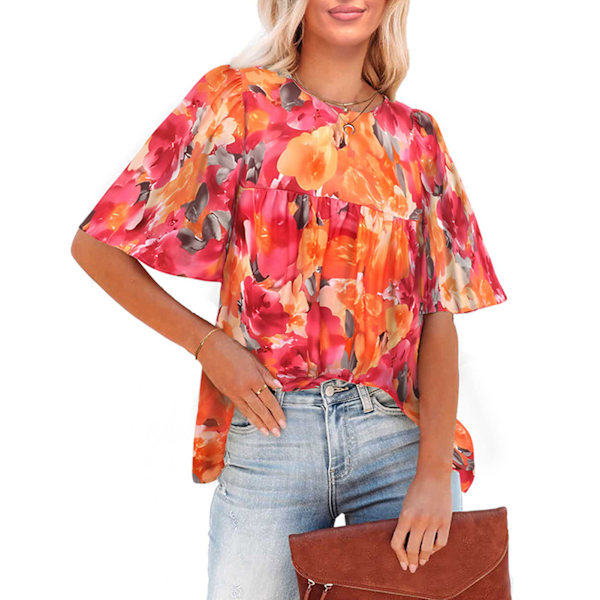 Kortärmad blus rund hals lös passform plisserad design avslappnad dam sommartopp för dejting daglig shopping orange rosa blomma XXL