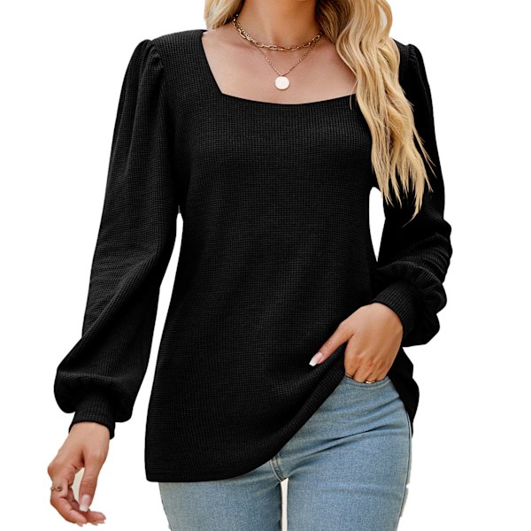 Dam Puffärm T-shirt Lös Enfärgad Tröja Kvinnlig Långärmad Casual Topp Svart M