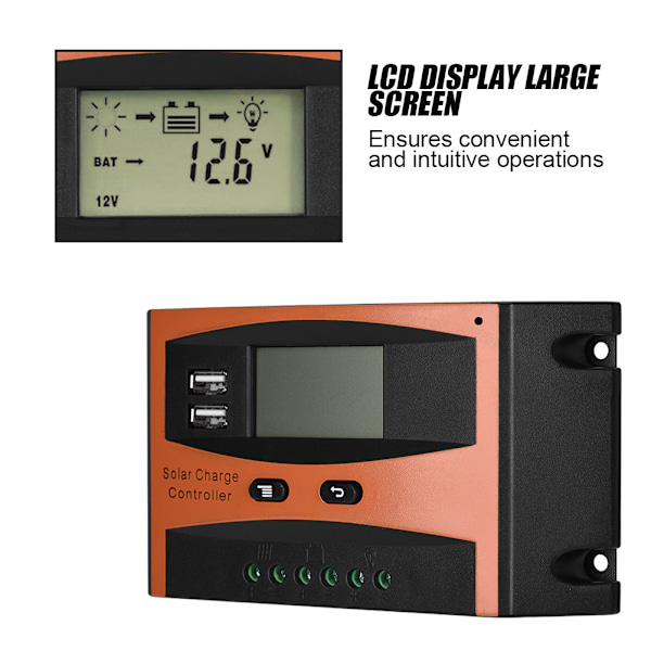30A 50V Dobbelt USB LCD-skærm Smart PWM Solpanel Ladningsregulator IP32 Vandtæt