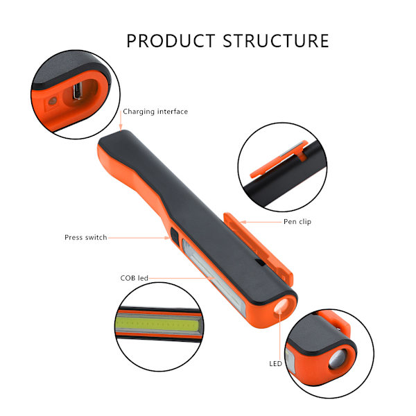 Genopladelig COB LED lommelygte hånd lomme pen arbejdslys med