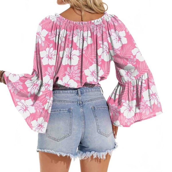 Dam Off Shoulder Topp Casual Utsvängd Långärmad Volang Blus Rynkad Lös Elegant Skjorta Rosa M