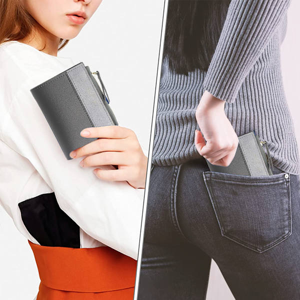 Liten plånbok för kvinnor, smal läder bifold framficka damplånbok med dragkedja myntväska
