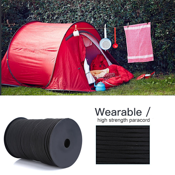 Reflekterande Paracord, Höghållfasta fibrer - Användbara rep för camping, fiske, bindning - Dragstyrka - Väderbeständig - 100 m svart