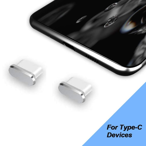 2-pack Typ-C Dammskyddsplugg, USB C Port Dammskydd, Anti-Dammplugg för Typ C Enheter Som Samsung/MacBook/VivoX5Pro/iPhone/ Micro USB /Android Silver