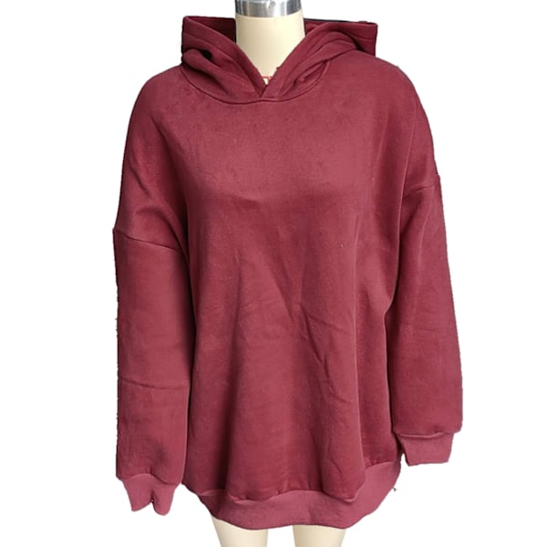 Dam Huvtröjor Nedhasad Axel Långärmad Lös Passform Enfärgad Casual Oversized Tröja Topp Vinröd XL
