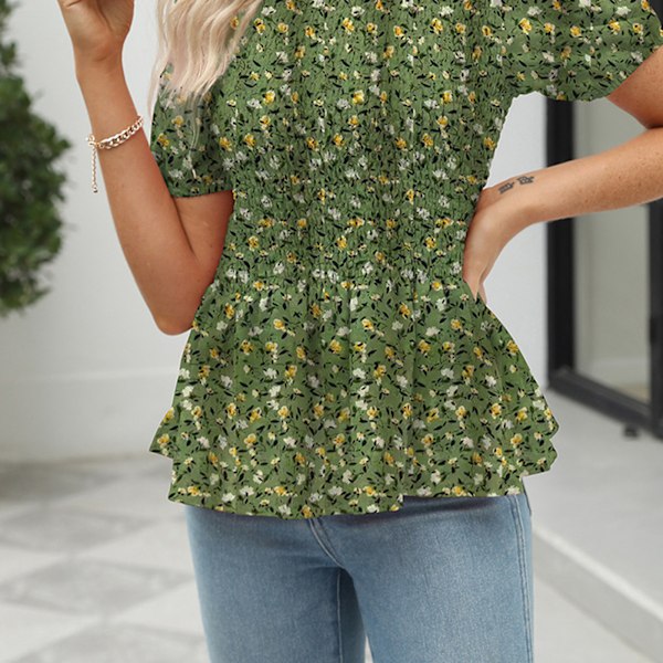 Rynkad blommig blus mönster kortärmad fashionabel rynkad blustopp för kvinnor dam tjej grön XXL