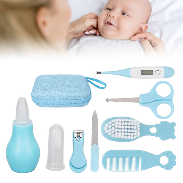 8pcs Baby Healthcare Grooming Kit Newborn Nursery Care Set with Hair Brush Nail Clippers Blue