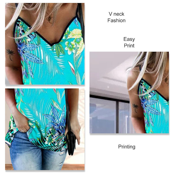 Tryckt Ärmlös Tank Top för Kvinnor V-ringad Spaghettiband Sommarblus för Strandfest Shopping Vardag Aqua Blå M